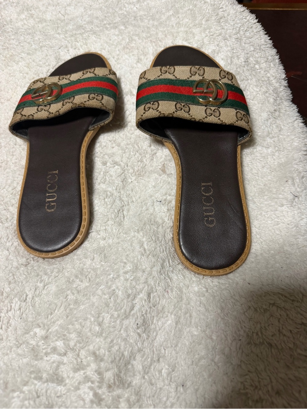 Gucci Beige GG Canvas Slippers with Red & Green Web and Gold Double G - Picture 3 of 6